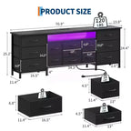Commode de 178 cm avec 13 tiroirs en tissu et lumières LED, meuble TV large avec cadre en métal pour chambre et salon