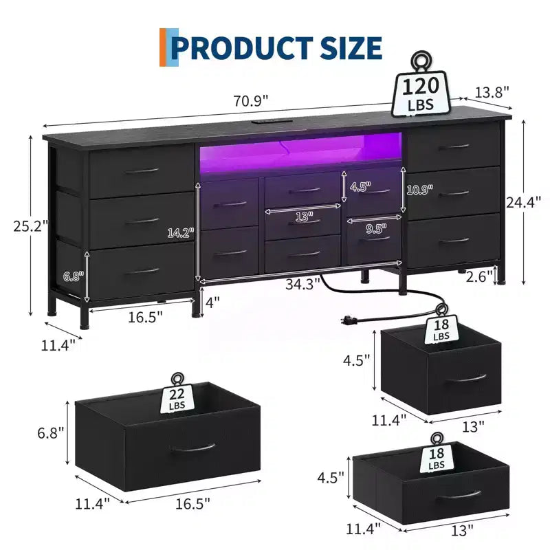 70-Inch Dresser with 13 Fabric Drawers and LED Lights, Wide TV Stand Chest with Metal Frame for Bedroom and Living Room