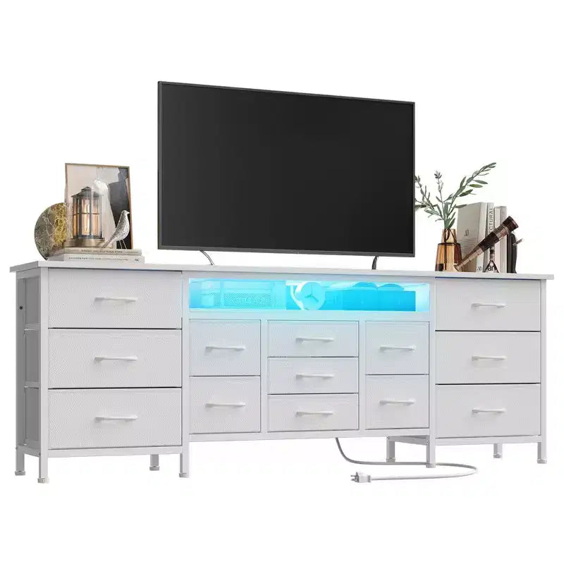 Commode de 178 cm avec 13 tiroirs en tissu et lumières LED, meuble TV large avec cadre en métal pour chambre et salon
