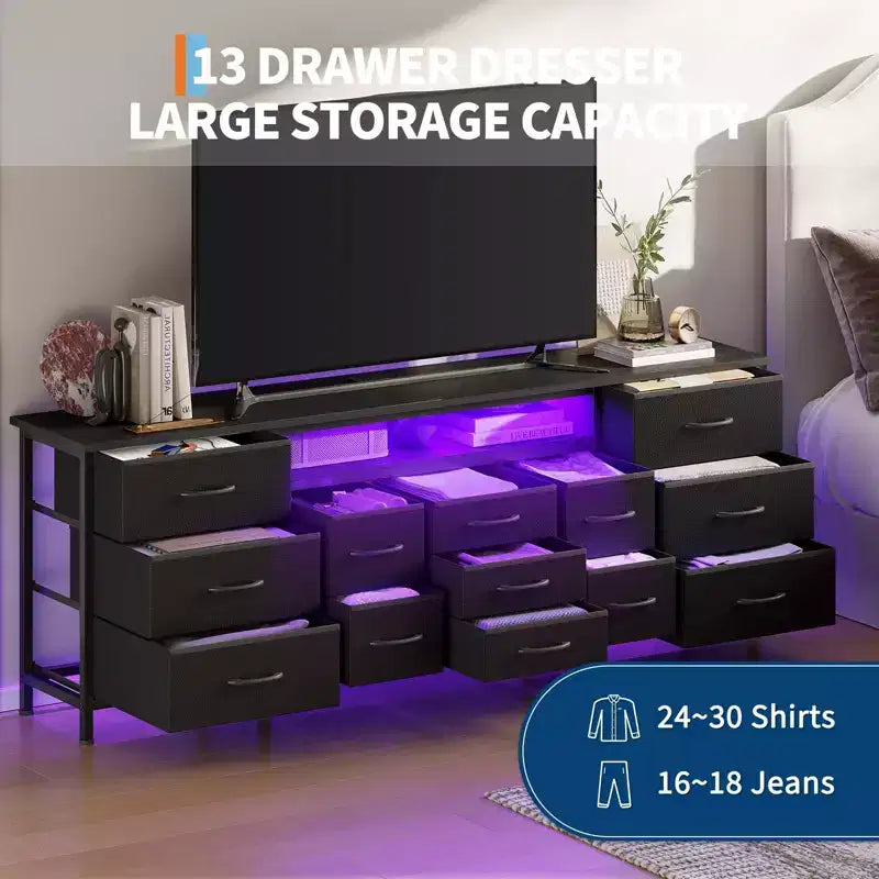 Commode de 178 cm avec 13 tiroirs en tissu et lumières LED, meuble TV large avec cadre en métal pour chambre et salon