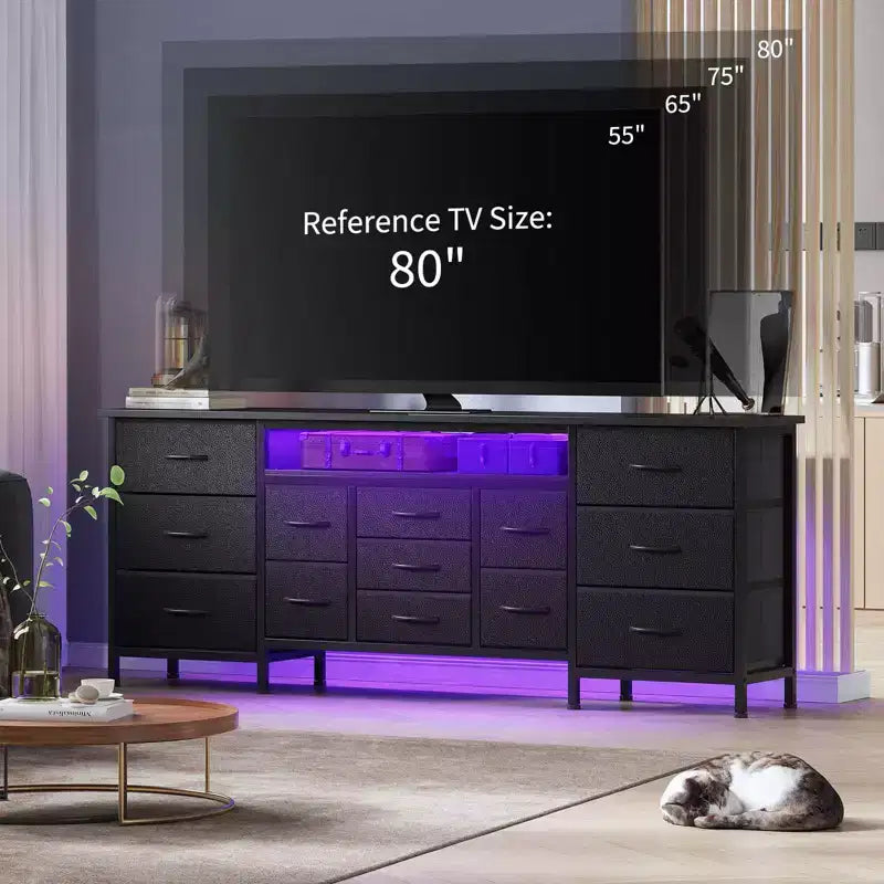 70-Inch Dresser with 13 Fabric Drawers and LED Lights, Wide TV Stand Chest with Metal Frame for Bedroom and Living Room