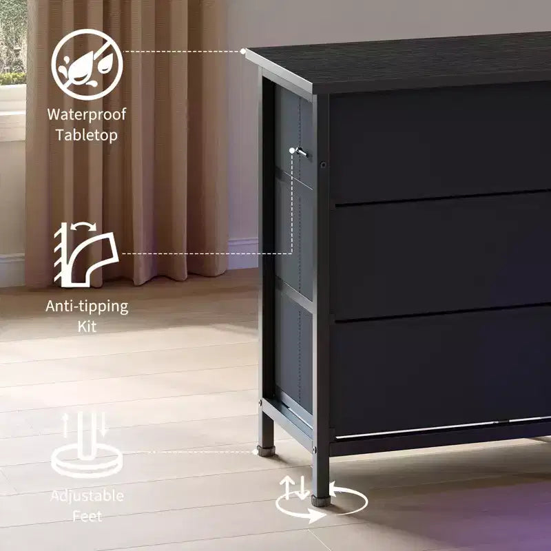 70-Inch Dresser with 13 Fabric Drawers and LED Lights, Wide TV Stand Chest with Metal Frame for Bedroom and Living Room