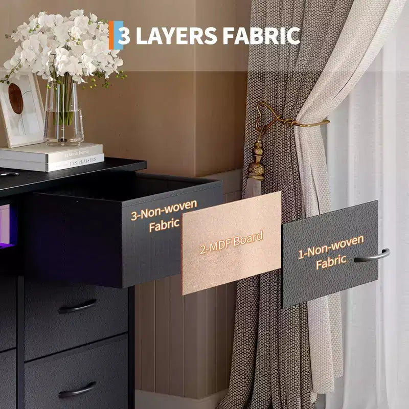 Commode de 178 cm avec 13 tiroirs en tissu et lumières LED, meuble TV large avec cadre en métal pour chambre et salon