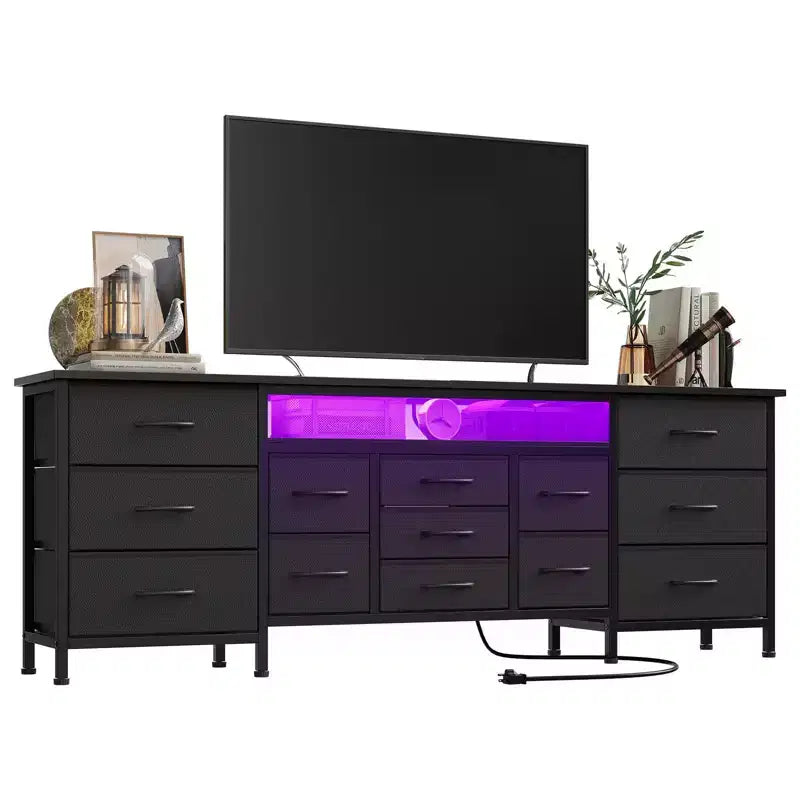 Commode de 178 cm avec 13 tiroirs en tissu et lumières LED, meuble TV large avec cadre en métal pour chambre et salon