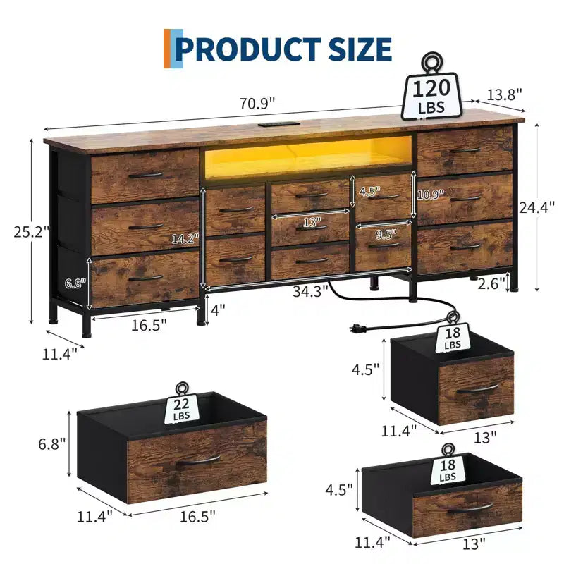 Commode de 178 cm avec 13 tiroirs en tissu et lumières LED, meuble TV large avec cadre en métal pour chambre et salon