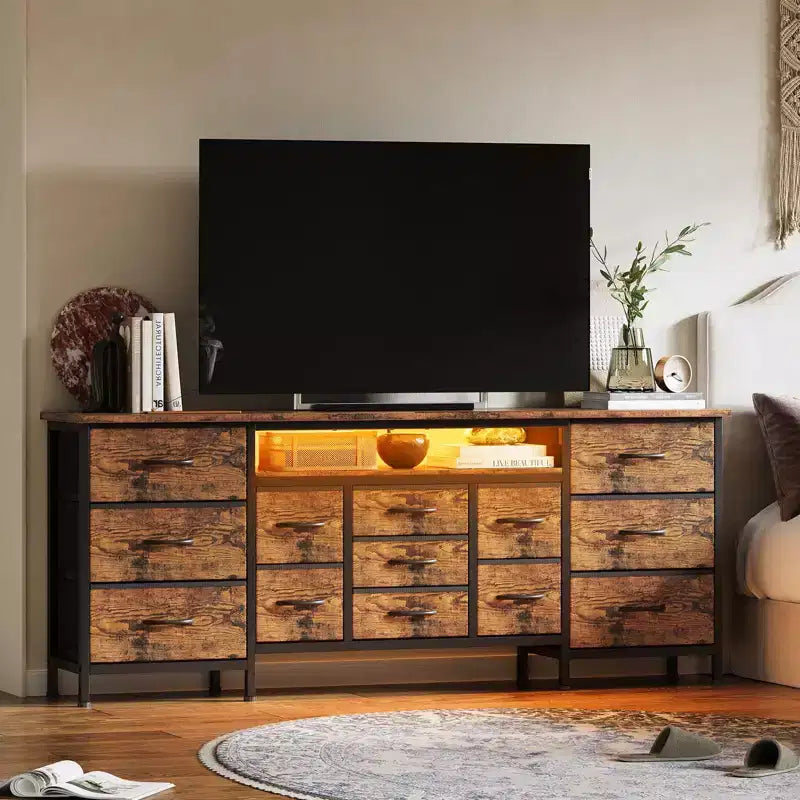 70-Inch Dresser with 13 Fabric Drawers and LED Lights, Wide TV Stand Chest with Metal Frame for Bedroom and Living Room