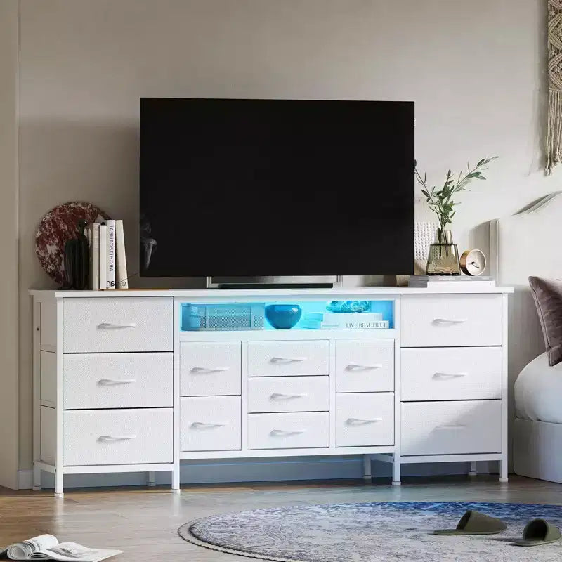 70-Inch Dresser with 13 Fabric Drawers and LED Lights, Wide TV Stand Chest with Metal Frame for Bedroom and Living Room