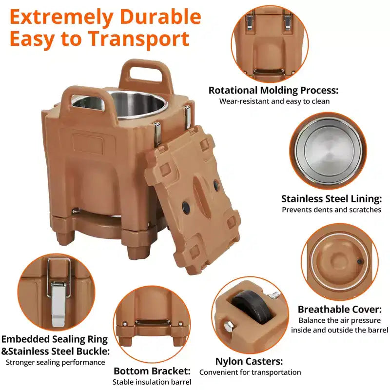 Transporteur isotherme pour bacs alimentaires avec cuillère, capacité de 20 L, chargement par le haut, acier inoxydable, avec roue et verrou latéral