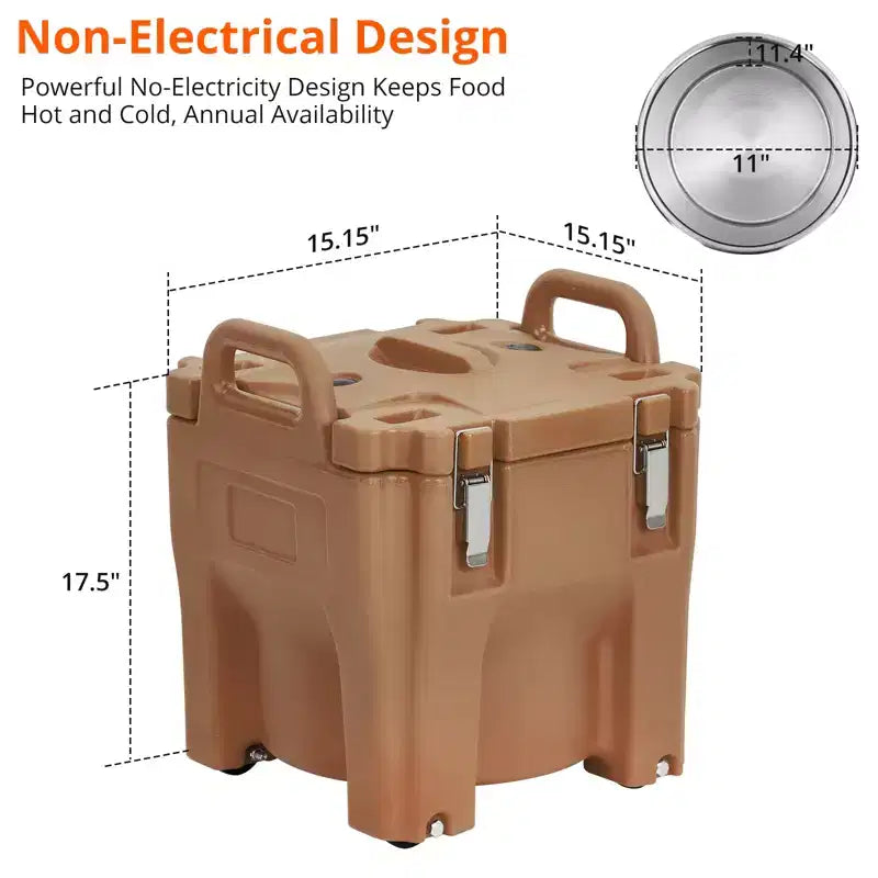Transporteur isotherme pour bacs alimentaires avec cuillère, capacité de 20 L, chargement par le haut, acier inoxydable, avec roue et verrou latéral