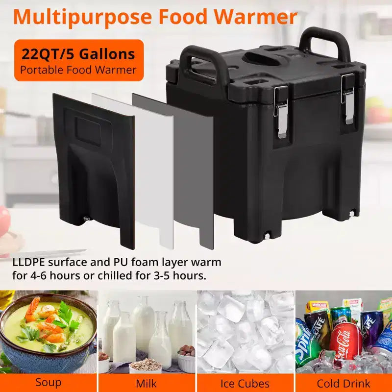 Transporteur isotherme pour bacs alimentaires avec cuillère, capacité de 20 L, chargement par le haut, acier inoxydable, avec roue et verrou latéral