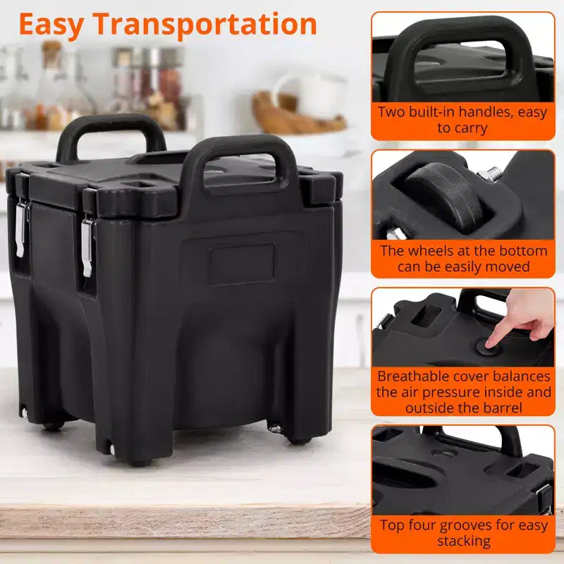 Transporteur isotherme pour bacs alimentaires avec cuillère, capacité de 20 L, chargement par le haut, acier inoxydable, avec roue et verrou latéral
