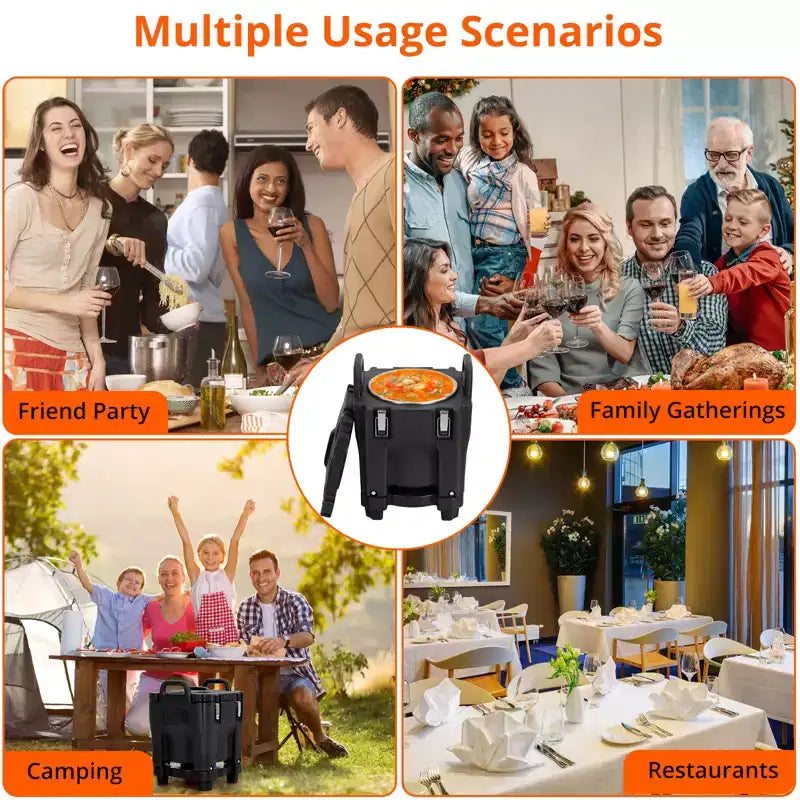 Transporteur isotherme pour bacs alimentaires avec cuillère, capacité de 20 L, chargement par le haut, acier inoxydable, avec roue et verrou latéral