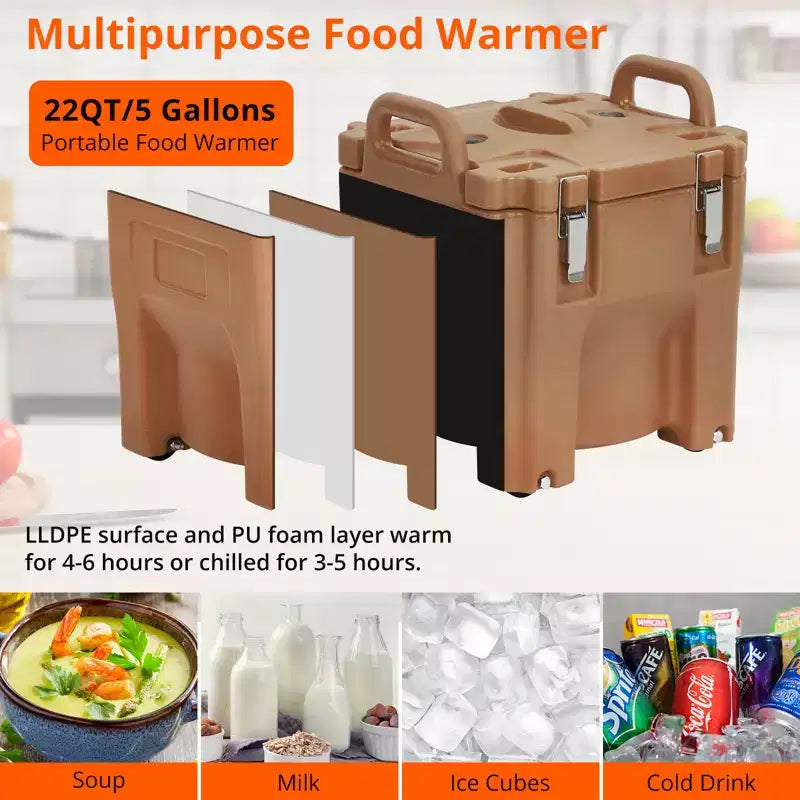 Transporteur isotherme pour bacs alimentaires avec cuillère, capacité de 20 L, chargement par le haut, acier inoxydable, avec roue et verrou latéral