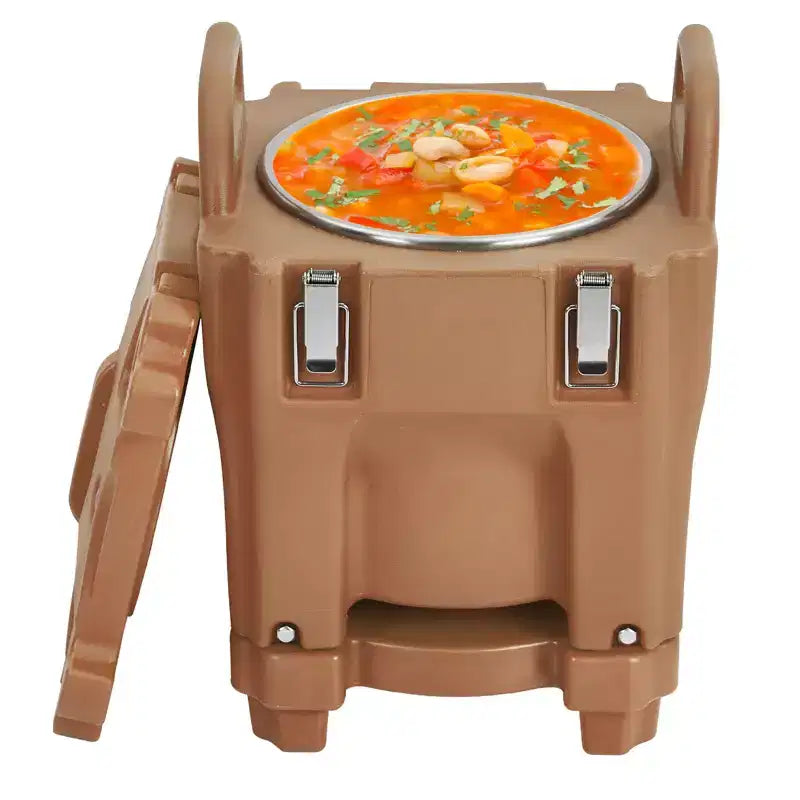 Transporteur isotherme pour bacs alimentaires avec cuillère, capacité de 20 L, chargement par le haut, acier inoxydable, avec roue et verrou latéral