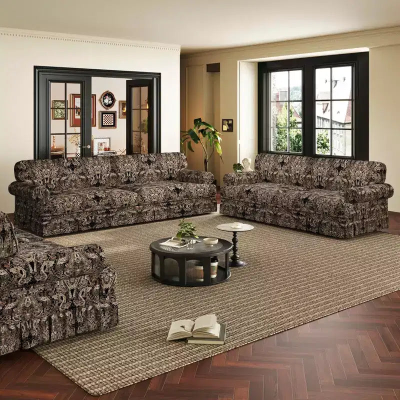 74-Inch 3-Seater Upholstered Sofa with Rolled Arms and Pleated Skirt, Black Floral