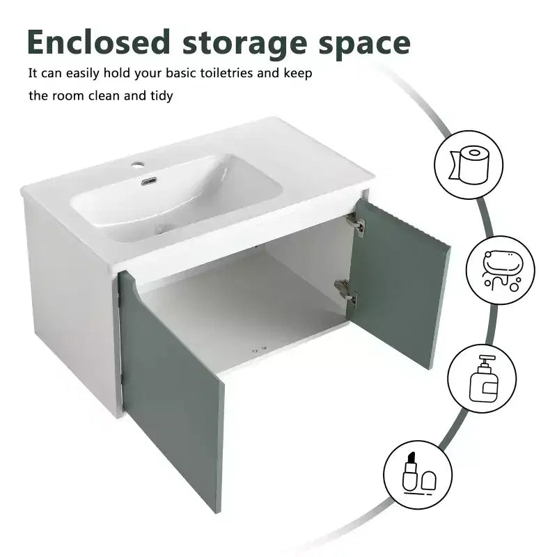 Wall-Mounted Bathroom Vanity with Sink, Floating Cabinet with Ceramic Basin, Mint Green