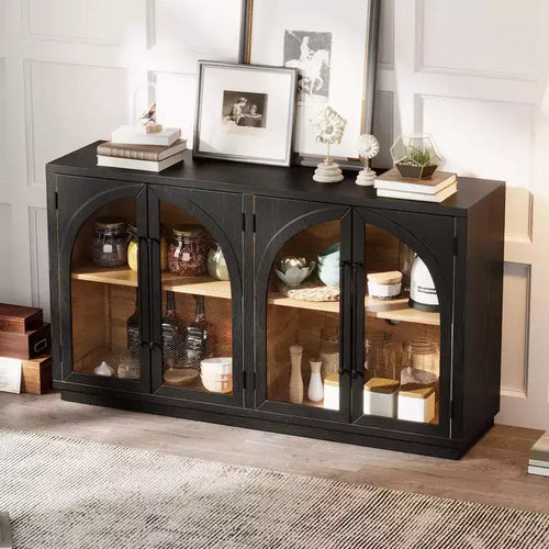Bahut de rangement à 4 portes avec portes vitrées et étagères réglables