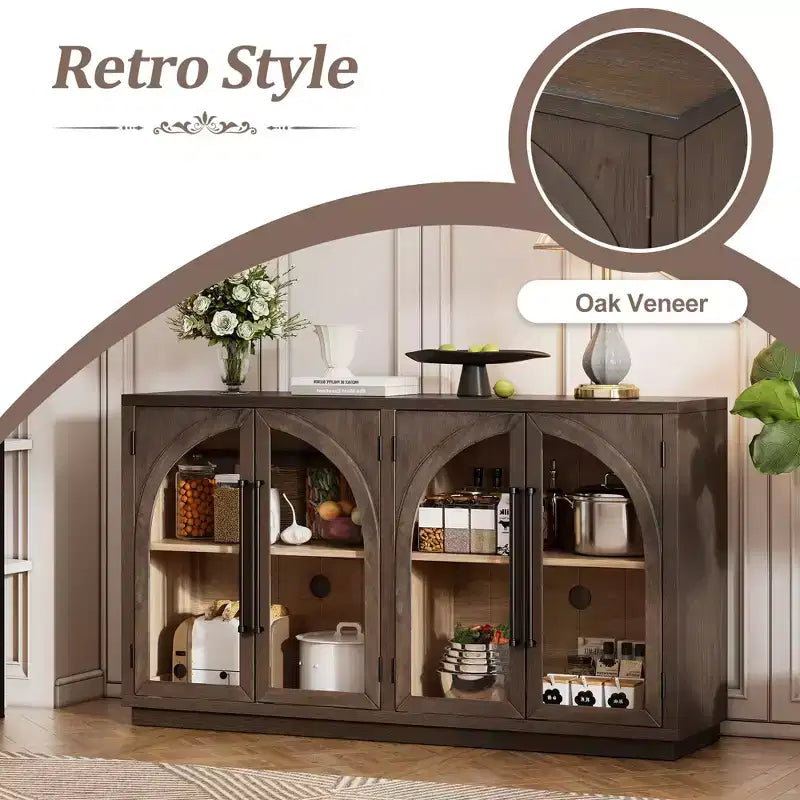 4-Door Storage Sideboard Buffet Cabinet with Glass Doors and Adjustable Shelves