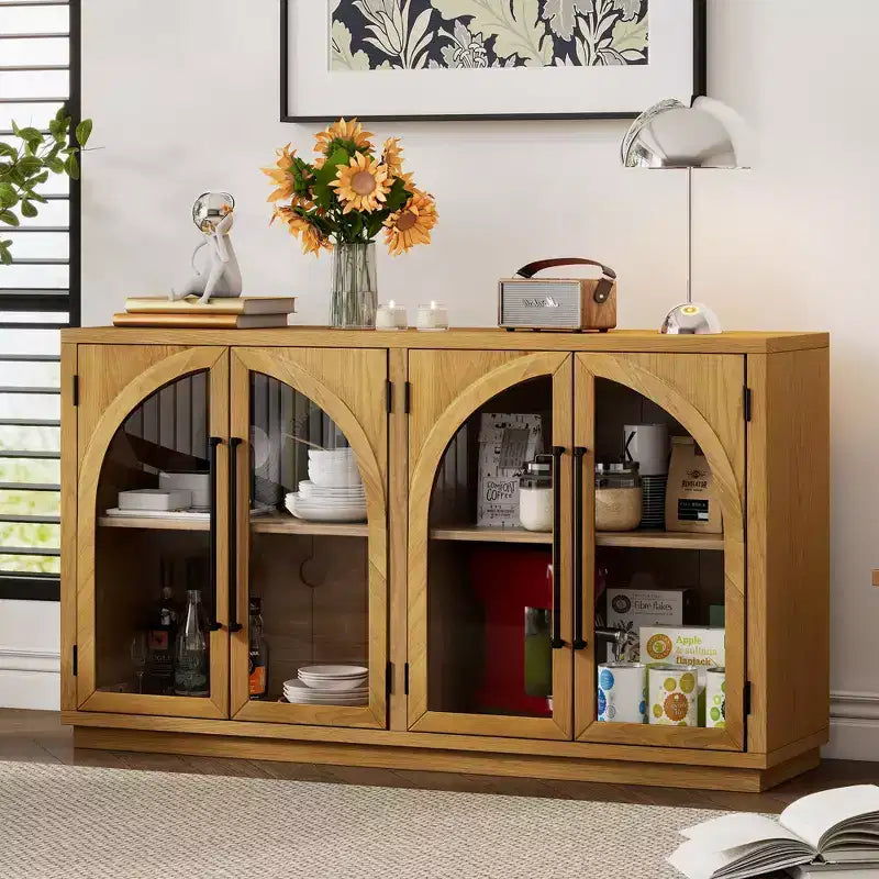 4-Door Storage Sideboard Buffet Cabinet with Glass Doors and Adjustable Shelves