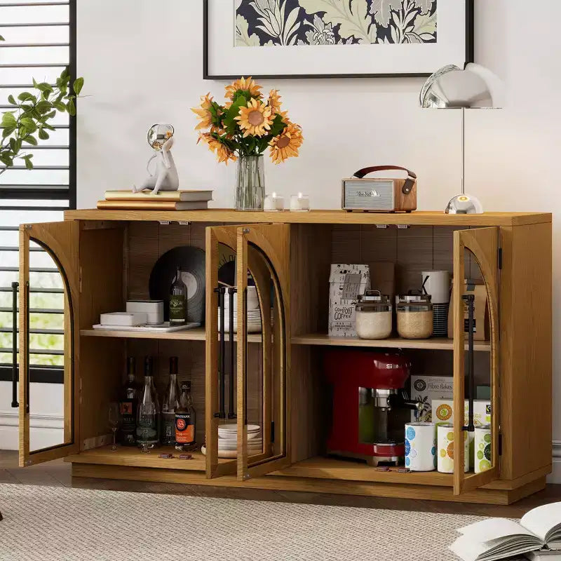 4-Door Storage Sideboard Buffet Cabinet with Glass Doors and Adjustable Shelves