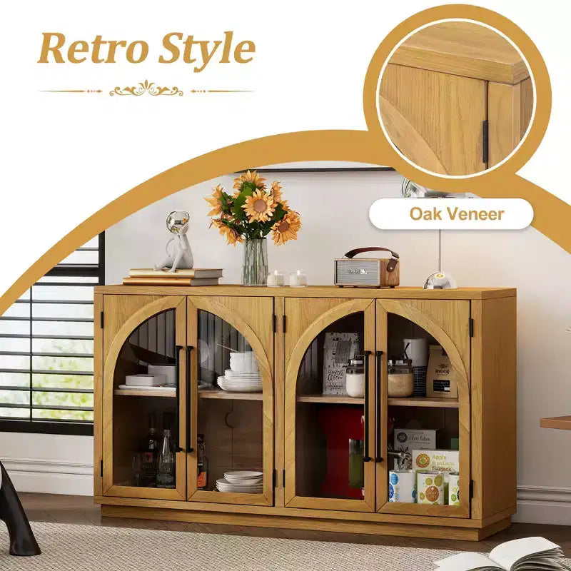 4-Door Storage Sideboard Buffet Cabinet with Glass Doors and Adjustable Shelves