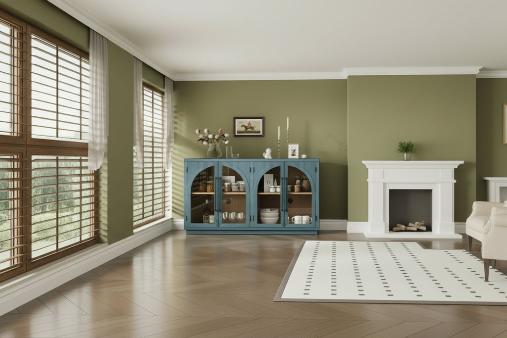 4-Door Storage Sideboard Buffet Cabinet with Glass Doors and Adjustable Shelves