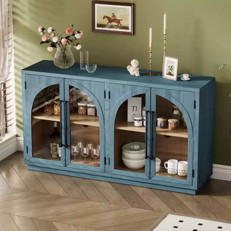 4-Door Storage Sideboard Buffet Cabinet with Glass Doors and Adjustable Shelves