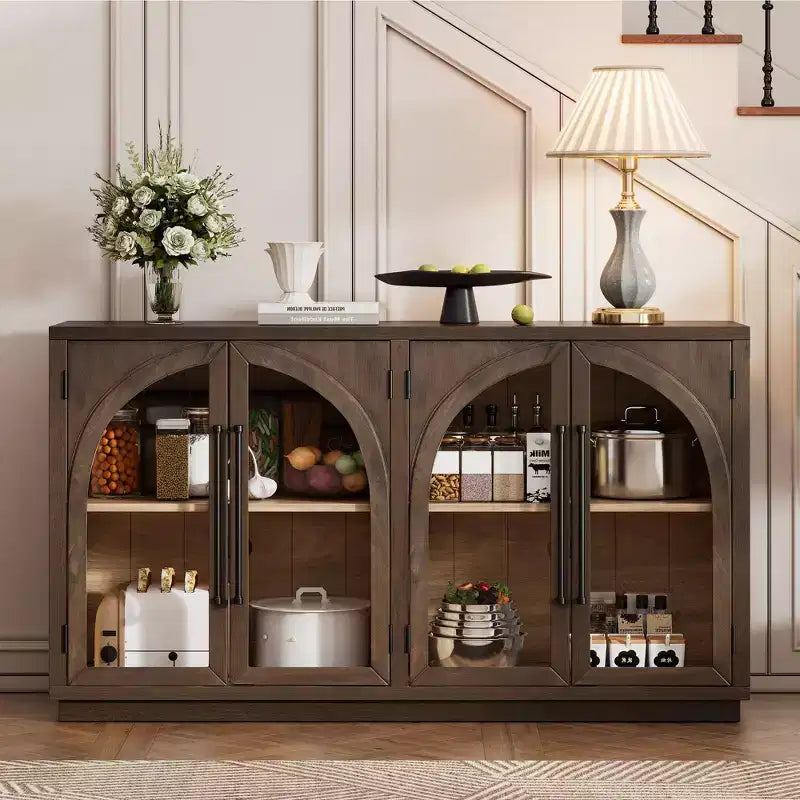 4-Door Storage Sideboard Buffet Cabinet with Glass Doors and Adjustable Shelves