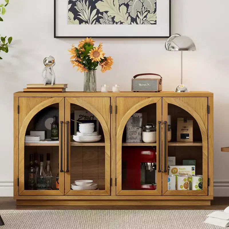 4-Door Storage Sideboard Buffet Cabinet with Glass Doors and Adjustable Shelves