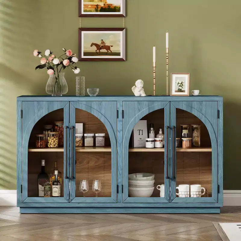 4-Door Storage Sideboard Buffet Cabinet with Glass Doors and Adjustable Shelves