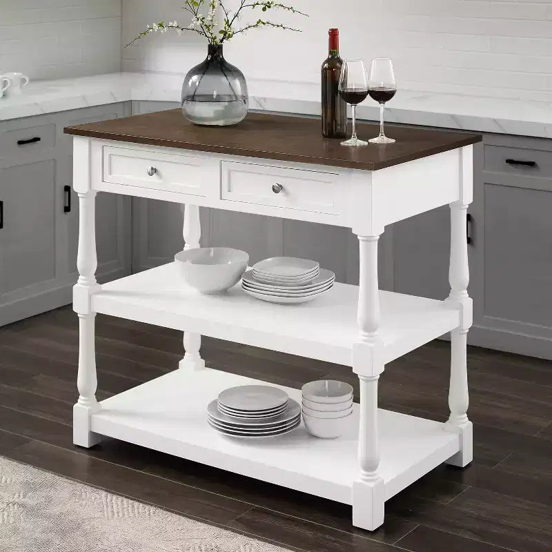 Wood Top Kitchen Island with Storage Drawers and Open Shelves