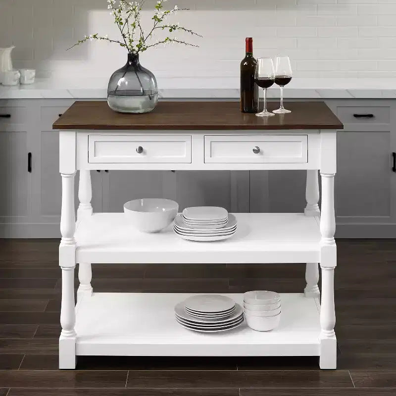 Îlot de cuisine en bois avec tiroirs de rangement et étagères ouvertes
