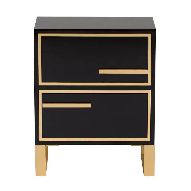 Giolla Wood and Metal 2 Drawer End Table Black/Gold - Baxton Studio: Sleek Side Table with Storage, Modern Design