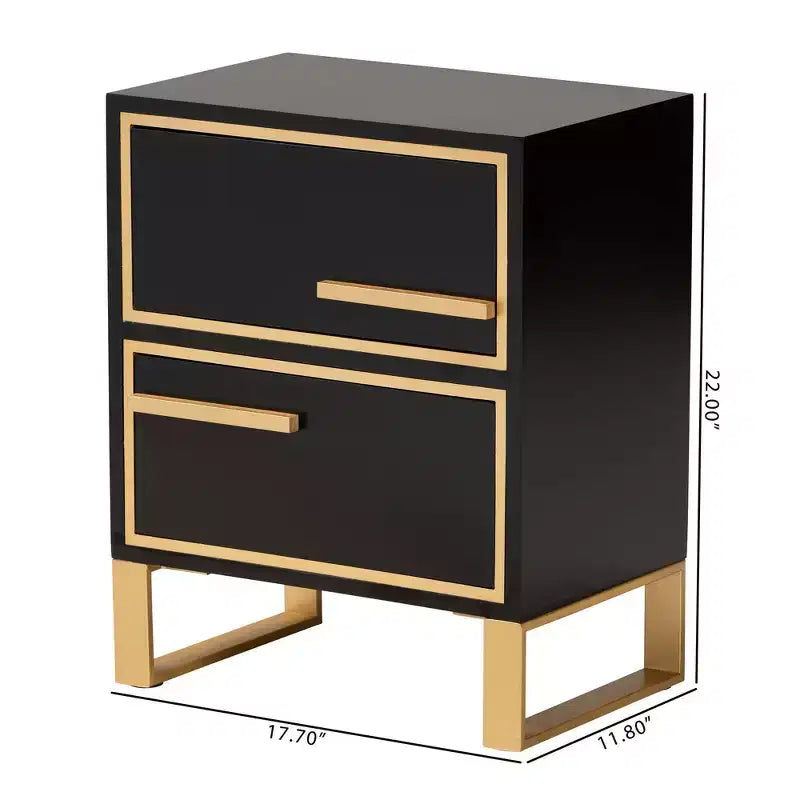 2-Drawer End Table in Black and Gold – Metal Frame with MDF Top