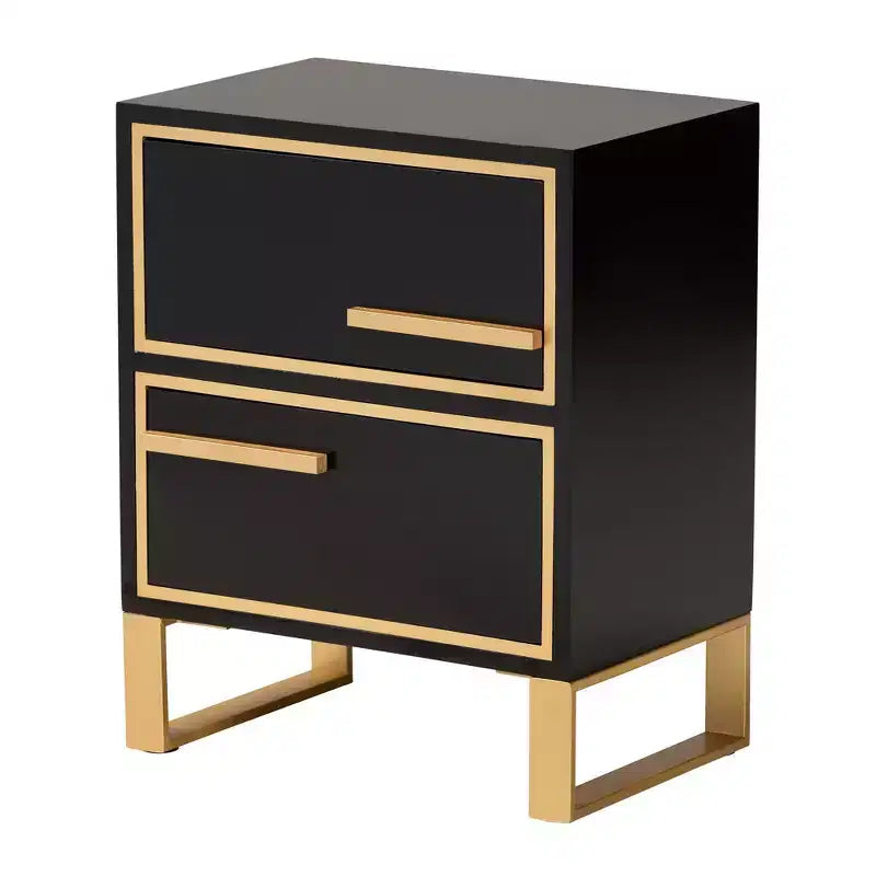 2-Drawer End Table in Black and Gold – Metal Frame with MDF Top