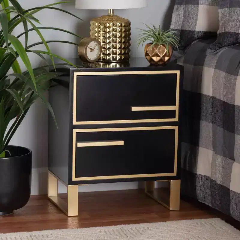 2-Drawer End Table in Black and Gold – Metal Frame with MDF Top