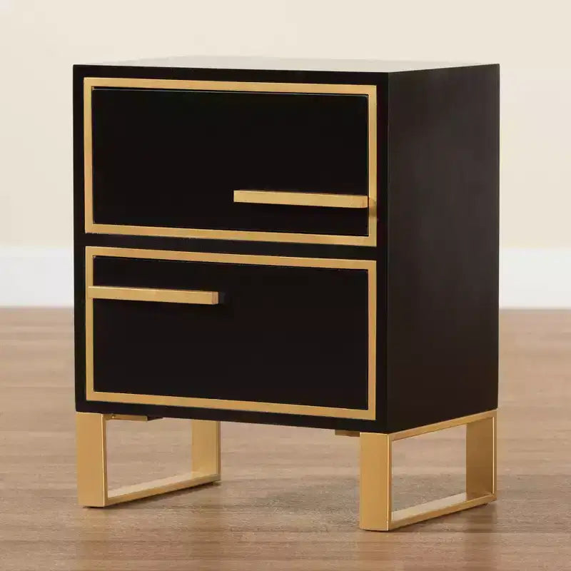 2-Drawer End Table in Black and Gold – Metal Frame with MDF Top
