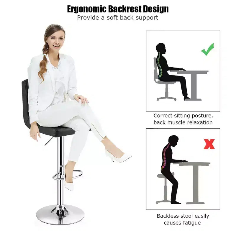 Chaise de bar pivotante réglable en cuir PU avec dossier, noire