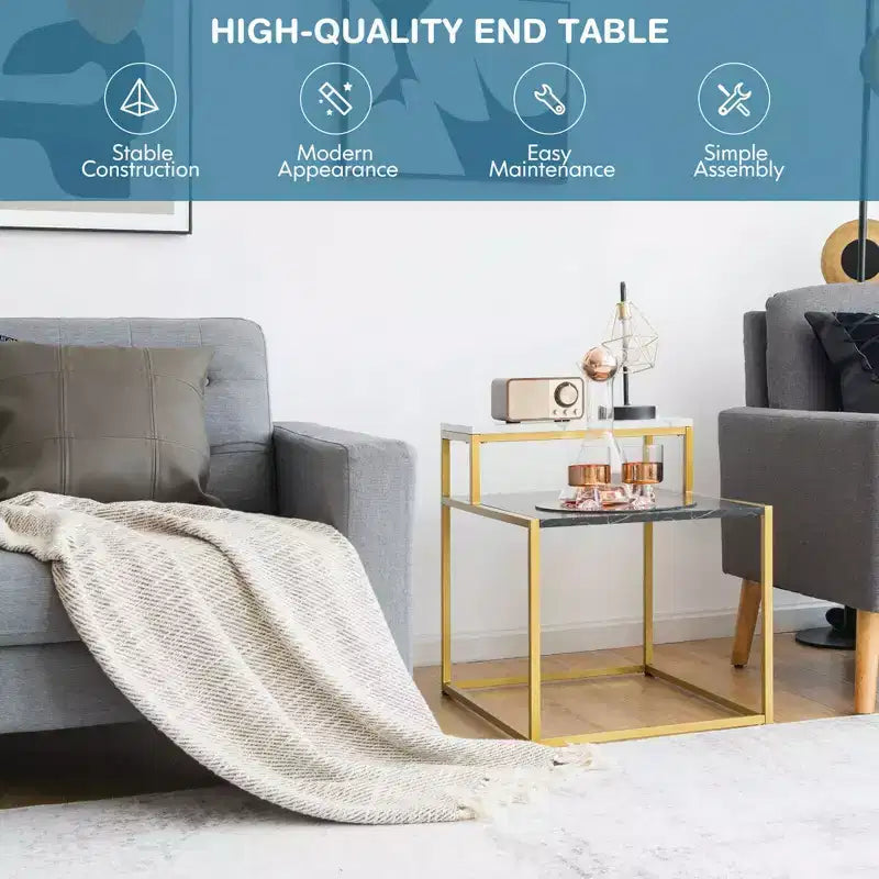 2-Tier End Table with Metal Frame and Storage Shelf