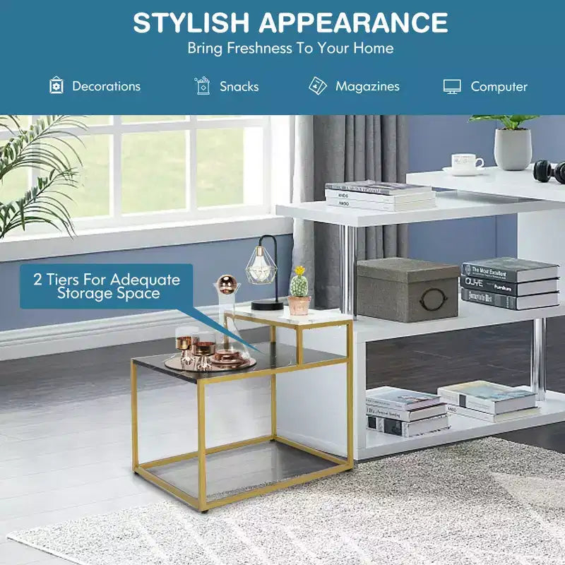 2-Tier End Table with Metal Frame and Storage Shelf