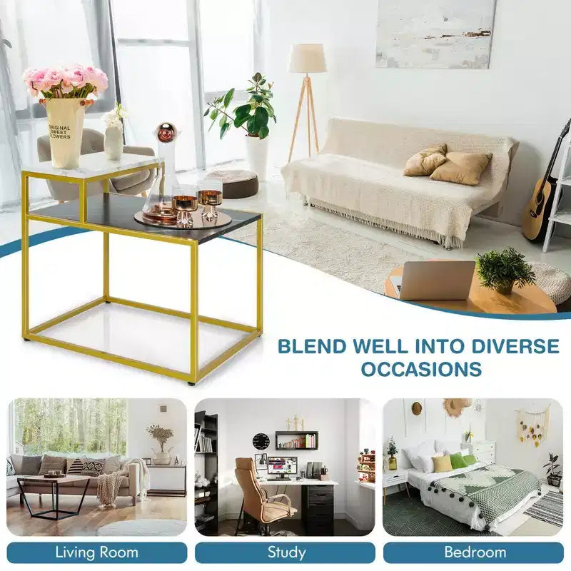2-Tier End Table with Metal Frame and Storage Shelf