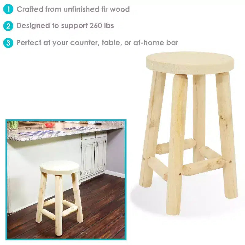 Unfinished Wood Round Top Counter-Height Stool - Fir Wood - 24 Inch