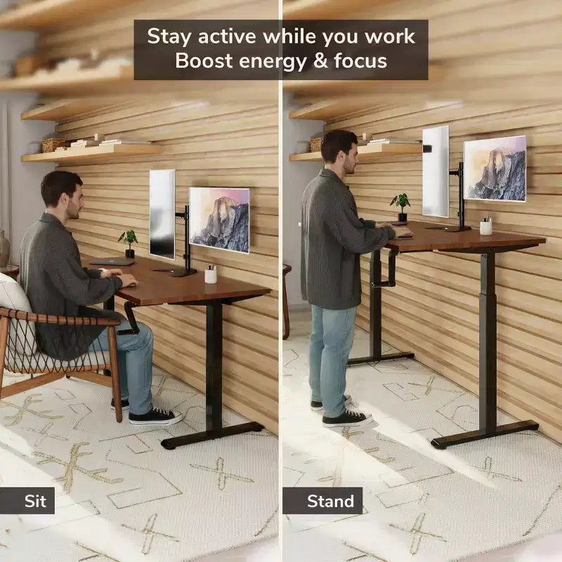 Hand Crank Sit-Stand Desk with Wide Tabletop